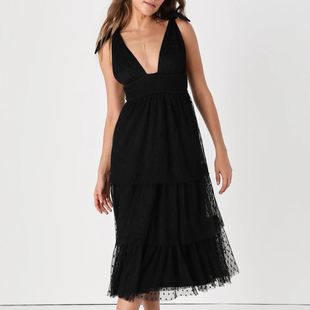 NWT Lulu's Tier's to Us Black Swiss Dot Tie-Strap Tiered Midi Dress